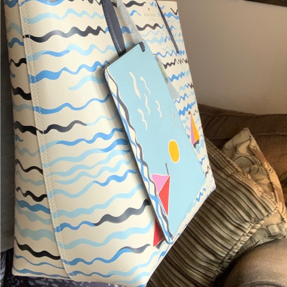 Authentic KATE SPADE Reversible Leather Sail boat print Tote/removable wristlet - Picture 10 of 14